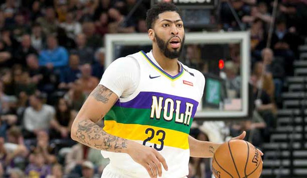 Mar 4, 2019; Salt Lake City, UT, USA; New Orleans Pelicans forward Anthony Davis (23) dribbles the ball during the first half against the Utah Jazz at Vivint Smart Home Arena. Mandatory Credit: Russ Isabella-USA TODAY Sports