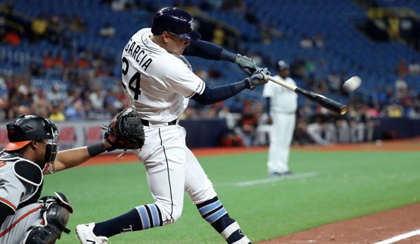 Apr 18, 2019; St. Petersburg, FL, USA;Tampa Bay Rays designated hitter Avisail Garcia (24) hits a home run during the ninth inning against the Baltimore Orioles at Tropicana Field. Photo Credit: Kim Klement-USA TODAY Sports