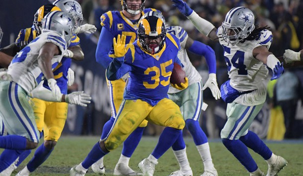Jan 12, 2019; Los Angeles, CA, USA; Los Angeles Rams running back C.J. Anderson (35) runs against the Dallas Cowboys in a NFC Divisional playoff football game at Los Angeles Memorial Stadium. Photo Credit: Kirby Lee-USA TODAY Sports