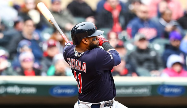 Mar 31, 2019; Minneapolis, MN, USA; Cleveland Indians first baseman Carlos Santana (41) hits a three run double in the top of the eighth inning against the Cleveland Indians at Target Field. Photo Credit: David Berding-USA TODAY Sports