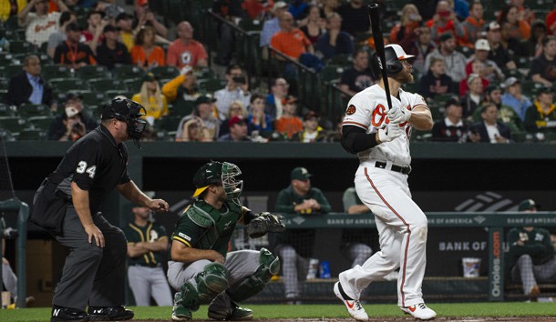 Apr 8, 2019; Baltimore, MD, USA; Baltimore Orioles first baseman Chris Davis (19) flies out to Oakland Athletics left fielder Robbie Grossman (not pictured) extending his streak to 47 consecutive at-bats without a hit which become longest hitless streak by a position player in major-league history during the fifth inning at Oriole Park at Camden Yards. Photo Credit: Tommy Gilligan-USA TODAY Sports