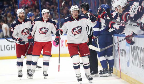 Apr 12, 2019; Tampa, FL, USA; Columbus Blue Jackets left wing Artemi Panarin (9) scores a goal during the third period of game two of the first round of the 2019 Stanley Cup Playoffs against the Tampa Bay Lightning at Amalie Arena. Photo Credit: Kim Klement-USA TODAY Sports