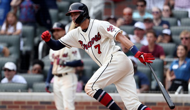 Apr 7, 2019; Atlanta, GA, USA; Atlanta Braves shortstop Dansby Swanson (7) hits a game-winning walk-off single to score first baseman Freddie Freeman (not pictured) in the ninth inning against the Miami Marlins at SunTrust Park. Photo Credit: Jason Getz-USA TODAY Sports