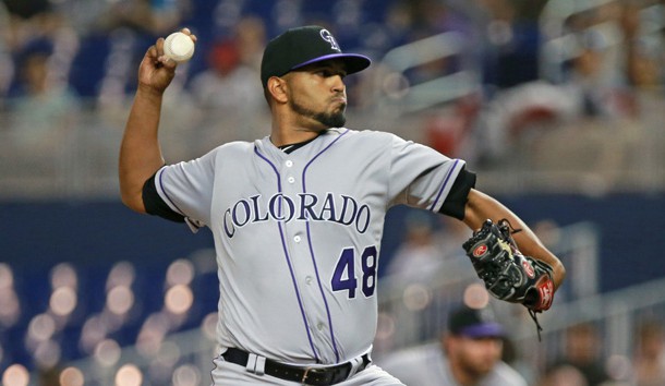 Mar 29, 2019; Miami, FL, USA; Colorado Rockies starting pitcher German Marquez (48) delivers a pitch in the first inning of a game against the Miami Marlins at Marlins Park. Photo Credit: Sam Navarro-USA TODAY Sports