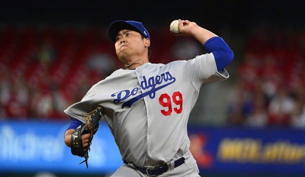 Apr 8, 2019; St. Louis, MO, USA; Los Angeles Dodgers starting pitcher Hyun-Jin Ryu (99) pitches during the second inning against the St. Louis Cardinals at Busch Stadium. Photo Credit: Jeff Curry-USA TODAY Sports