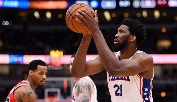 Apr 6, 2019; Chicago, IL, USA; Philadelphia 76ers center Joel Embiid (21) shoots the ball against the Chicago Bulls during the second half at the United Center. Photo Credit: Mike DiNovo-USA TODAY Sports
