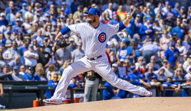 Apr 8, 2019; Chicago, IL, USA; Chicago Cubs starting pitcher Jon Lester (34) pitches during the first inning against the Pittsburgh Pirates at Wrigley Field. Photo Credit: Patrick Gorski-USA TODAY Sports