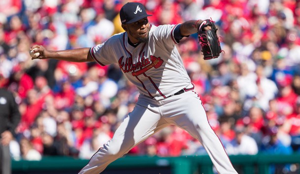 Mar 28, 2019; Philadelphia, PA, USA; Atlanta Braves starting pitcher Julio Teheran (49) throws a pitch during the first inning against the Philadelphia Phillies at Citizens Bank Park. Photo Credit: Bill Streicher-USA TODAY Sports