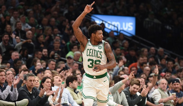 Apr 1, 2019; Boston, MA, USA; Boston Celtics guard Marcus Smart (36) reacts after making a basket during the first half against the Miami Heat at TD Garden. Photo Credit: Bob DeChiara-USA TODAY Sports