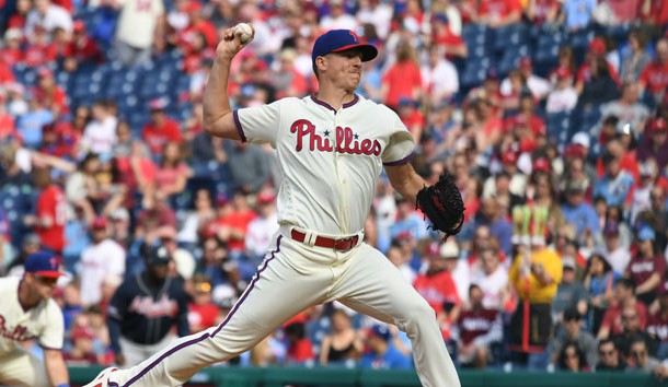 Mar 30, 2019; Philadelphia, PA, USA; Philadelphia Phillies starting pitcher Nick Pivetta (43) pitches during the first inning against the Atlanta Braves at Citizens Bank Park. Photo Credit: James Lang-USA TODAY Sports