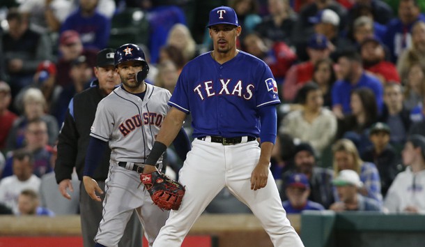 Apr 3, 2019; Arlington, TX, USA; Houston Astros second baseman Jose Altuve (left) stands on first base alongside Texas Rangers first baseman Ronald Guzman (right) after hitting a single in the eighth inning at Globe Life Park in Arlington. Photo Credit: Tim Heitman-USA TODAY Sports