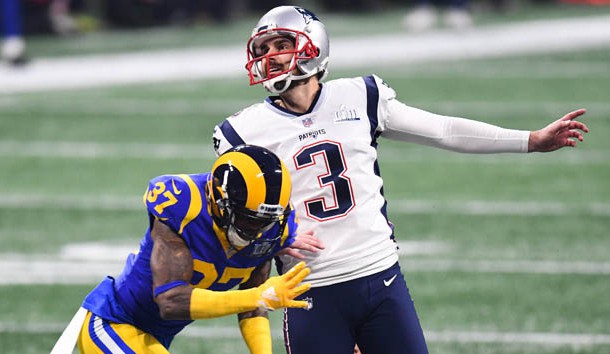 Feb 3, 2019; Atlanta, GA, USA; New England Patriots kicker Stephen Gostkowski (3) kicks a field goal as Los Angeles Rams cornerback Sam Shields (37) runs into him during the fourth quarter in Super Bowl LIII at Mercedes-Benz Stadium. Photo Credit: Dale Zanine-USA TODAY Sports