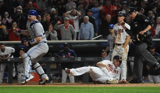 Apr 16, 2019; Minneapolis, MN, USA; Toronto Blue Jays catcher Danny Jansen (9) celebrates the win after tagging out Minnesota Twins first baseman C.J. Cron (24) at home plate for the final out of the game during the ninth inning at Target Field. Photo Credit: Marilyn Indahl-USA TODAY Sports