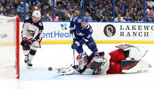 Apr 10, 2019; Tampa, FL, USA; Columbus Blue Jackets goaltender Sergei Bobrovsky (72) makes a save as Columbus Blue Jackets defenseman Markus Nutivaara (65) defends against Tampa Bay Lightning center Yanni Gourde (37) during the first period of game one of the first round of the 2019 Stanley Cup Playoffs at Amalie Arena. Photo Credit: Kim Klement-USA TODAY Sports