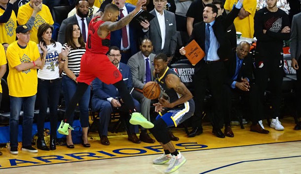 May 16, 2019; Oakland, CA, USA; Golden State Warriors guard Andre Iguodala (9) steals the ball from Portland Trail Blazers guard Damian Lillard (0) on the final play of the fourth quarter in game two of the Western conference finals of the 2019 NBA Playoffs at Oracle Arena. Photo Credit: Kelley L Cox-USA TODAY Sports