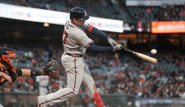May 20, 2019; San Francisco, CA, USA; Atlanta Braves third baseman Austin Riley (27) hits a home run against the San Francisco Giants during the sixth inning at Oracle Park. Photo Credit: Stan Szeto-USA TODAY Sports