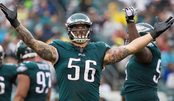 Sep 23, 2018; Philadelphia, PA, USA; Philadelphia Eagles defensive end Chris Long (56) reacts to a defensive stop against the Indianapolis Colts during the third quarter at Lincoln Financial Field. Photo Credit: Bill Streicher-USA TODAY Sports