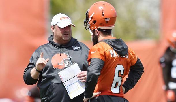 May 15, 2019; Berea, OH, USA; Cleveland Browns head coach Freddie Kitchens talks with quarterback Baker Mayfield (6) during organized team activities at the Cleveland Browns training facility. Photo Credit: Ken Blaze-USA TODAY Sports