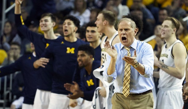 Dec 15, 2018; Ann Arbor, MI, USA; Michigan Wolverines head coach John Beilein reacts to a three point basket in the second half against the Western Michigan Broncos at Crisler Center. Photo Credit: Rick Osentoski-USA TODAY Sports