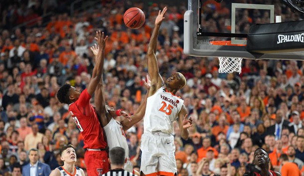 Apr 8, 2019; Minneapolis, MN, USA; Texas Tech Red Raiders guard Jarrett Culver (23) attempts a shot as Virginia Cavaliers forward Mamadi Diakite (25) goes for the block during the second half in the championship game of the 2019 men's Final Four at US Bank Stadium. Photo Credit: Bob Donnan-USA TODAY Sports