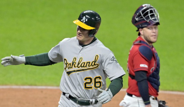 May 20, 2019; Cleveland, OH, USA; Cleveland Indians catcher Roberto Perez (55) reacts as Oakland Athletics third baseman Matt Chapman (26) celebrates his two-run home run in the ninth inning at Progressive Field. Photo Credit: David Richard-USA TODAY Sports