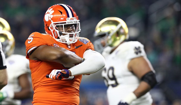 Dec 29, 2018; Arlington, TX, United States; Clemson Tigers linebacker Shaq Smith (5) celebrates a sack in the second half against the Notre Dame Fighting Irish in the 2018 Cotton Bowl college football playoff semifinal game at AT&T Stadium. Photo Credit: Matthew Emmons-USA TODAY Sports