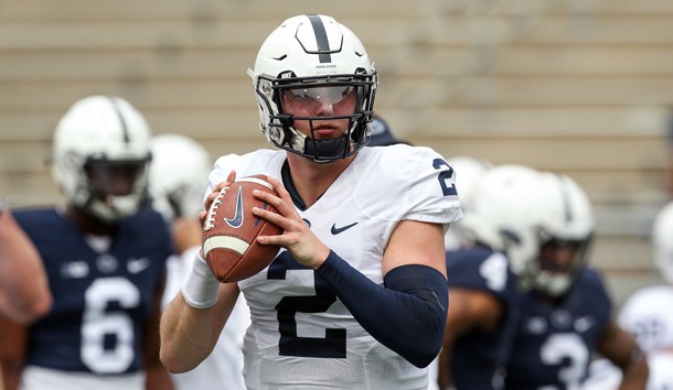Apr 13, 2019; University Park, PA, USA; Penn State Nittany Lions quarterback Tommy Stevens (2) looks to throw a pass during a warmup prior to the Blue White spring game at Beaver Stadium. Photo Credit: Matthew O'Haren-USA TODAY Sports