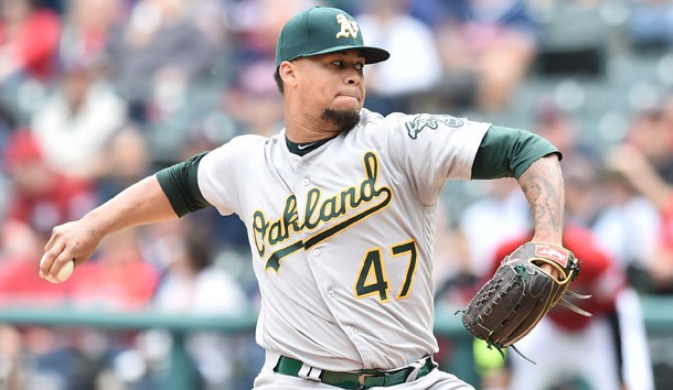 May 22, 2019; Cleveland, OH, USA; Oakland Athletics starting pitcher Frankie Montas (47) throws a pitch during the first inning against the Cleveland Indians at Progressive Field. Photo Credit: Ken Blaze-USA TODAY Sports
