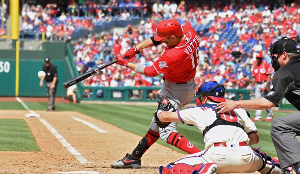 Jun 9, 2019; Philadelphia, PA, USA; Cincinnati Reds first baseman Joey Votto (19) hits an two RBI single during the seventh inning against the Philadelphia Phillies at Citizens Bank Park. Photo Credit: Eric Hartline-USA TODAY Sports