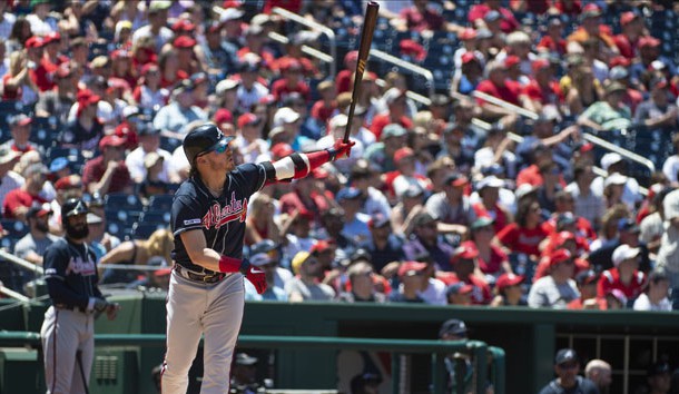 Jun 23, 2019; Washington, DC, USA; Atlanta Braves third baseman Josh Donaldson (20) hits a solo home run during the fourth inning against the Washington Nationals at Nationals Park. Photo Credit: Tommy Gilligan-USA TODAY Sports