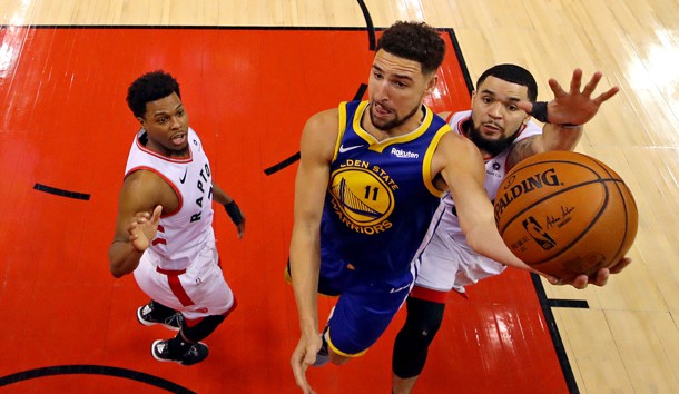 Jun 2, 2019; Toronto, Ontario, CAN; Golden State Warriors guard Klay Thompson (11) shoots the ball against Toronto Raptors guard Fred VanVleet (23) in game two of the 2019 NBA Finals at Scotiabank Arena. Photo Credit: Kyle Terada-USA TODAY Sports