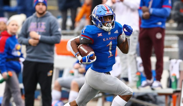 Nov 23, 2018; Lawrence, KS, USA; Kansas Jayhawks running back Pooka Williams Jr. (1) runs for a touchdown against the Texas Longhorns in the second half at Memorial Stadium. Photo Credit: Jay Biggerstaff-USA TODAY Sports
