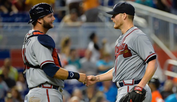Shelby Miller (right) is congratulated by catcher A.J. Pierzynski after his complete game two-hitter. (Steve Mitchell-USA TODAY Sports)      