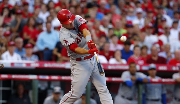 Jul 14, 2015; Cincinnati, OH, USA; American League outfielder Mike Trout (27) of the Los Angeles Angels hits a lead off home run against the National League during the first inning of the 2015 MLB All Star Game at Great American Ball Park. (Rick Osentoski-USA TODAY Sports)