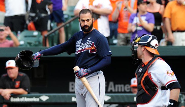 Jul 27, 2015; Baltimore, MD, USA; Atlanta Braves outfielder Nick Markakis (22) tips his helmet to the fans in the first inning against the Baltimore Orioles at Oriole Park at Camden Yards. Photo Credit: Evan Habeeb-USA TODAY Sports