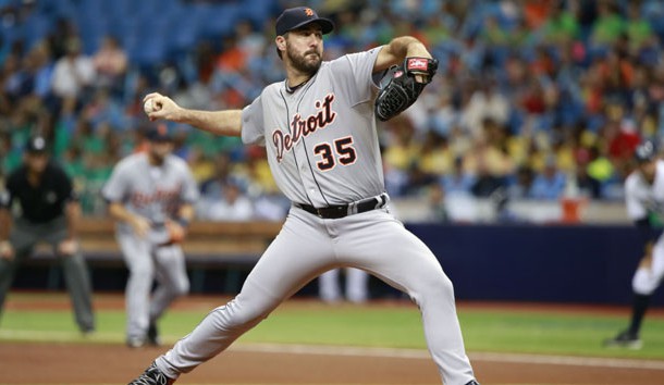 Jul 29, 2015; St. Petersburg, FL, USA; Detroit Tigers starting pitcher Justin Verlander (35) throws a pitch during the first inning against the Tampa Bay Rays at Tropicana Field. Photo Credit: Kim Klement-USA TODAY Sports