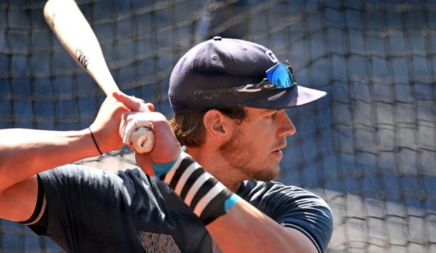 Jun 3, 2015; San Diego, CA, USA; San Diego Padres center fielder Wil Myers (4) takes batting practice before the game against the New York Mets at Petco Park. Mandatory Credit: Jake Roth-USA TODAY Sports