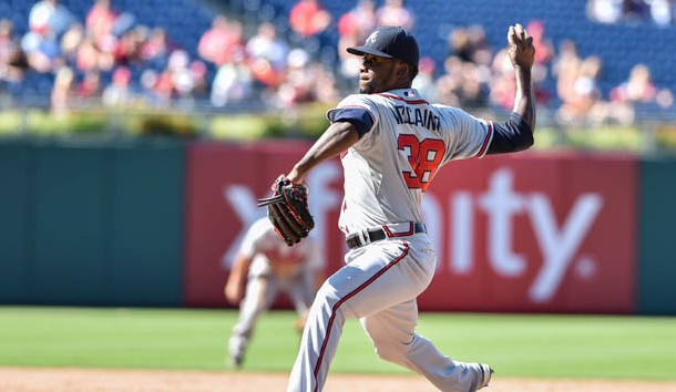 Aug 2, 2015; Philadelphia, PA, USA; Atlanta Braves relief pitcher Arodys Vizcaino (38) pitches during the of the ninth inning of the game against the Philadelphia Phillies at Citizens Bank Park. The Braves won the game 6-2. Mandatory Credit: John Geliebter-USA TODAY Sports