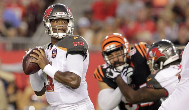 Aug 24, 2015; Tampa, FL, USA; Tampa Bay Buccaneers quarterback Jameis Winston (3) throws a complete pass during the first quarter of a preseason NFL football game against the Cincinnati Bengals at Raymond James Stadium. Mandatory Credit: Reinhold Matay-USA TODAY Sports