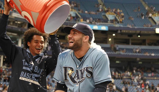 Aug 30, 2015; St. Petersburg, FL, USA; Tampa Bay Rays center fielder Kevin Kiermaier (39) gets a gatorade bath after defeating the Kansas City Royals at Tropicana Field. The Rays won 3-2. Mandatory Credit: Kim Klement-USA TODAY Sports