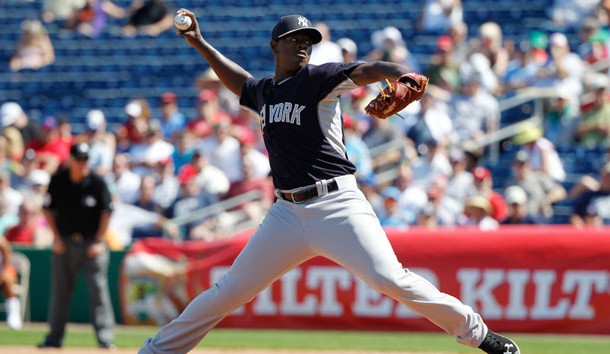 Mar 3, 2015; Clearwater, FL, USA; New York Yankees relief pitcher Luis Severino (91) throws a pitch during the third inning against the Philadelphia Phillies during a spring training baseball game at Bright House Field. Mandatory Credit: Kim Klement-USA TODAY Sports