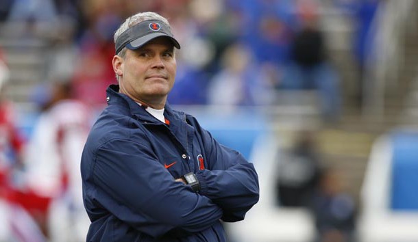Dec 26, 2014; Dallas, TX, USA;  Illinois Fighting Illini head coach Tim Beckman on the field before the game against the Louisiana Tech Bulldogs in the Heart of Dallas Bowl at Cotton Bowl Stadium. Mandatory Credit: Tim Heitman-USA TODAY Sports