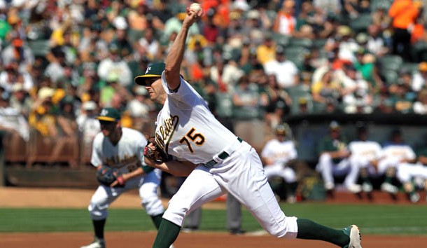 Sep 26, 2015; Oakland, CA, USA; Oakland Athletics starting pitcher Barry Zito (75) throws to the San Francisco Giants in the first inning of their MLB baseball game at O.co Coliseum. Mandatory Credit: Lance Iversen-USA TODAY Sports