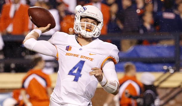 Sep 25, 2015; Charlottesville, VA, USA; Boise State Broncos quarterback Brett Rypien (4) throws the ball against the Virginia Cavaliers in the first quarter at Scott Stadium. Mandatory Credit: Amber Searls-USA TODAY Sports