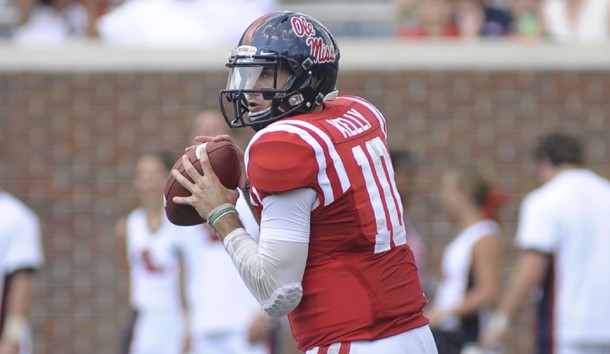 Sep 5, 2015; Oxford, MS, USA; Mississippi Rebels quarterback Chad Kelly (10) looks to pass the ball during the game against the Tennessee Martin Skyhawks at Vaught-Hemingway Stadium. The Rebels won 76 -  3.Mandatory Credit: Justin Ford-USA TODAY Sports