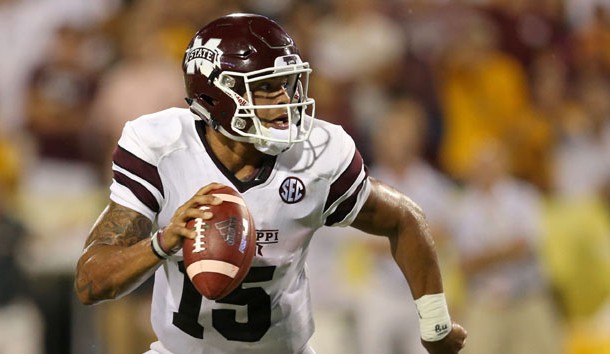 Sep 5, 2015; Hattiesburg, MS, USA; Mississippi State Bulldogs quarterback Dak Prescott (15) looks to throw in the second half of their game against the Southern Miss Golden Eagles at M.M. Roberts Stadium. Mississippi State won, 34-16. Mandatory Credit: Chuck Cook-USA TODAY Sports