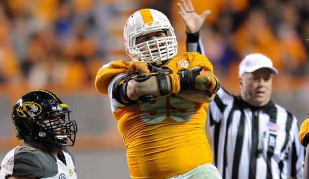 Nov 22, 2014; Knoxville, TN, USA;  Tennessee Volunteers defensive lineman Danny O'Brien (95) celebrates during the second half against the Missouri Tigers at Neyland Stadium. Missouri won 29 to 21. Mandatory Credit: Randy Sartin-USA TODAY Sports