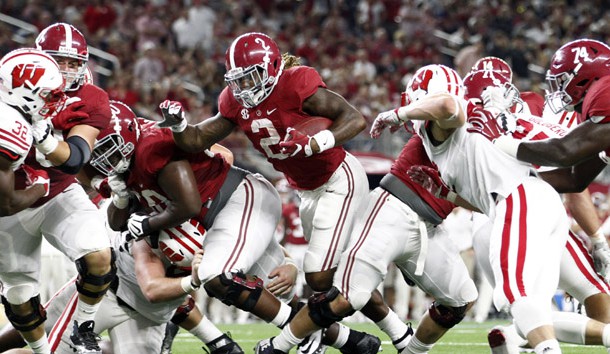 Sep 5, 2015; Arlington, TX, USA; Alabama Crimson Tide running back Derrick Henry (2) scores a touchdown against the Wisconsin Badgers during the third quarter at AT&T Stadium. (Tim Heitman-USA TODAY Sports)