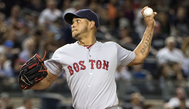 Sep 28, 2015; Bronx, NY, USA; Boston Red Sox pitcher Eduardo Rodriguez (52) delivers a pitch during the second inning of the game against the New York Yankees at Yankee Stadium. Mandatory Credit: Gregory J. Fisher-USA TODAY Sports