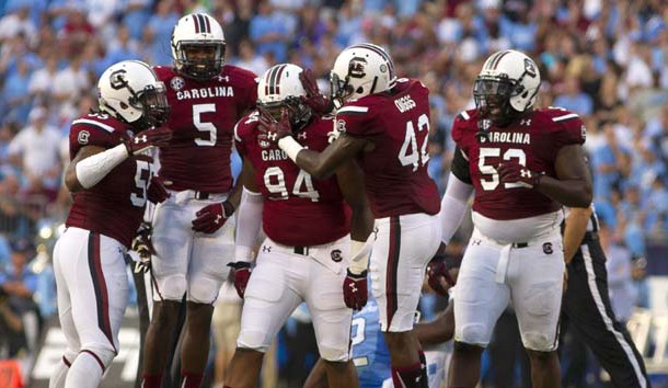 Sep 3, 2015; Charlotte, NC, USA; South Carolina Gamecocks defensive tackle Kelsey Griffin (94) celebrates with teammates during the second quarter against the North Carolina Tar Heels at Bank of America Stadium. Mandatory Credit: Joshua S. Kelly-USA TODAY Sports